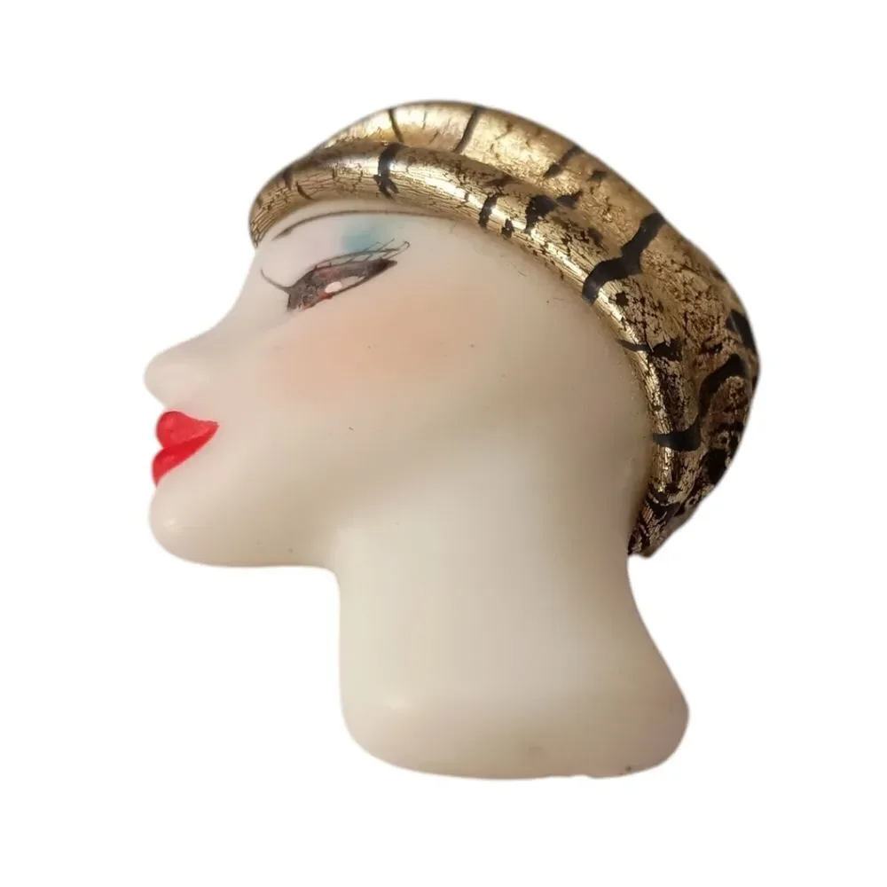 Lady Head Brooch Harlequin Cloche Wrap Hat Art Deco Flapper Acrylic Vintage 90s.